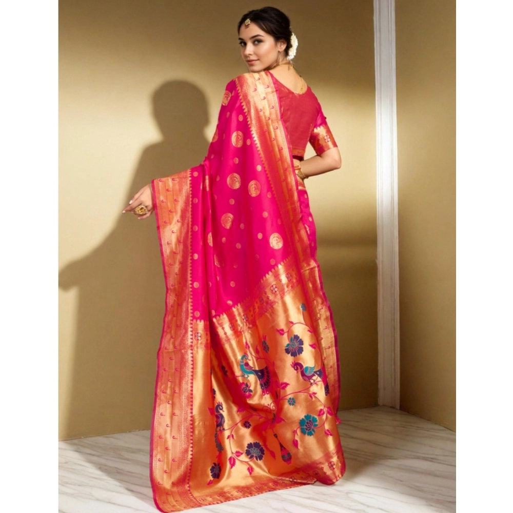 Generic Women's Silk Blend Paithani Saree With Unstitched Blouse 5.5Mtr (Pink) - Image 2