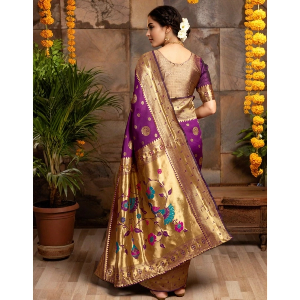 Generic Women's Silk Blend Paithani Saree With Unstitched Blouse 5.5Mtr (Purple) - Image 3