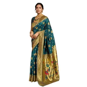 Generic Women's Silk Blend Paithani Saree With Unstitched Blouse 5.5Mtr (Teal)