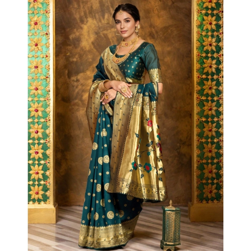 Generic Women's Silk Blend Paithani Saree With Unstitched Blouse 5.5Mtr (Teal) - Image 3