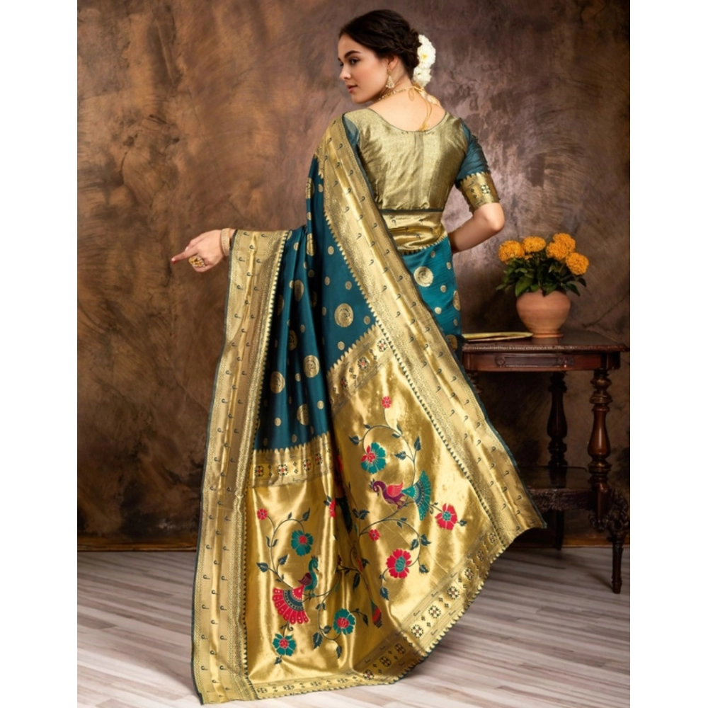 Generic Women's Silk Blend Paithani Saree With Unstitched Blouse 5.5Mtr (Teal) - Image 2