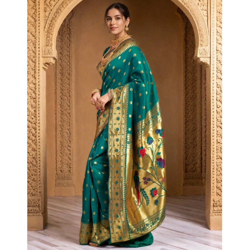Generic Women's Silk Blend Woven Saree With Unstitched Blouse 5.5Mtr (Green) - Image 4