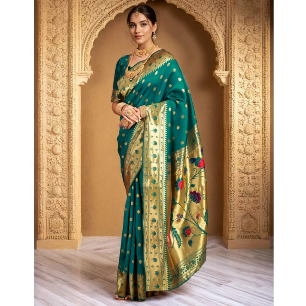 Generic Women's Silk Blend Woven Saree With Unstitched Blouse 5.5Mtr (Green) - Image 3