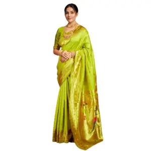 Generic Women's Silk Blend Woven Saree With Unstitched Blouse 5.5Mtr (Lime-Green)
