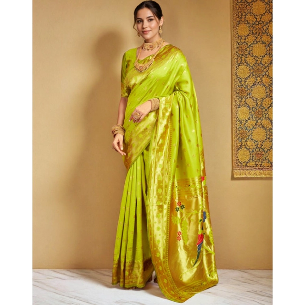 Generic Women's Silk Blend Woven Saree With Unstitched Blouse 5.5Mtr (Lime-Green) - Image 3