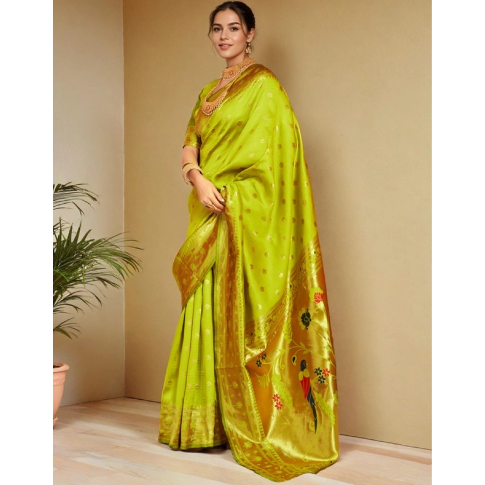 Generic Women's Silk Blend Woven Saree With Unstitched Blouse 5.5Mtr (Lime-Green) - Image 2