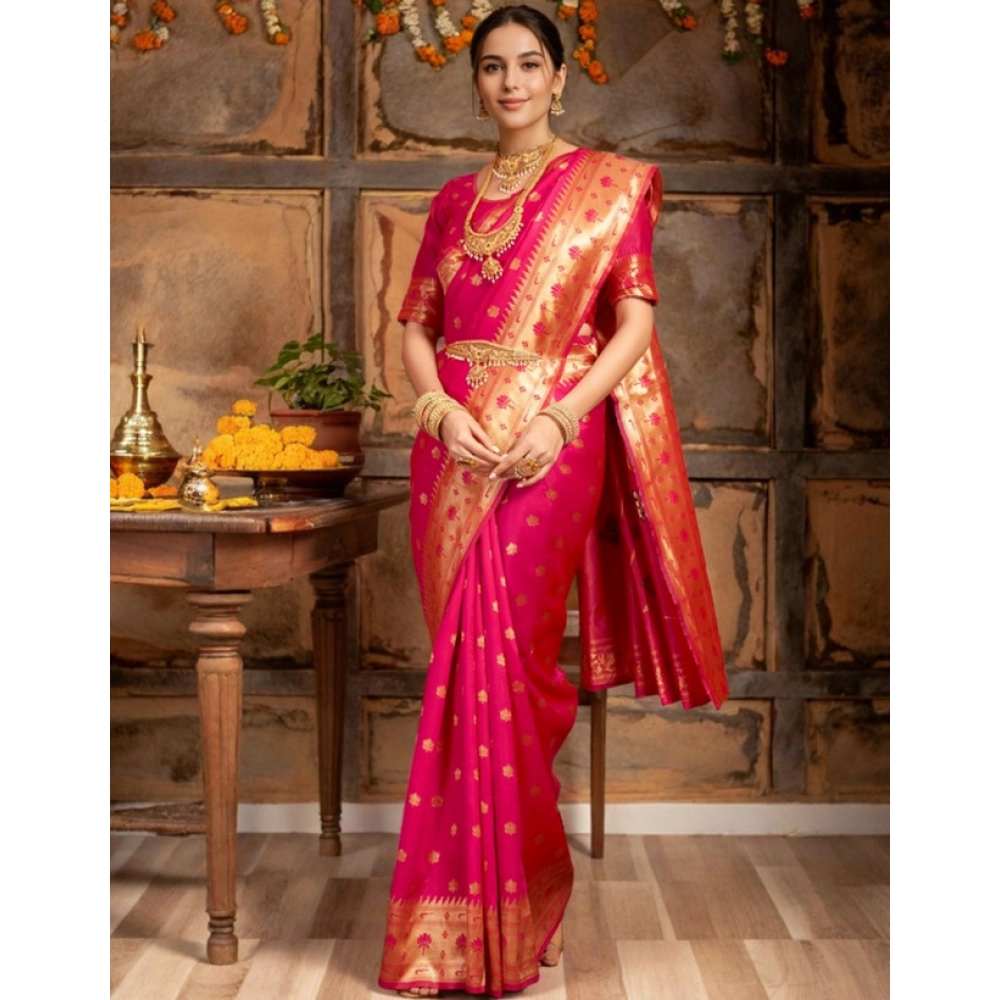 Generic Women's Silk Blend Woven Saree With Unstitched Blouse 5.5Mtr (Pink) - Image 2