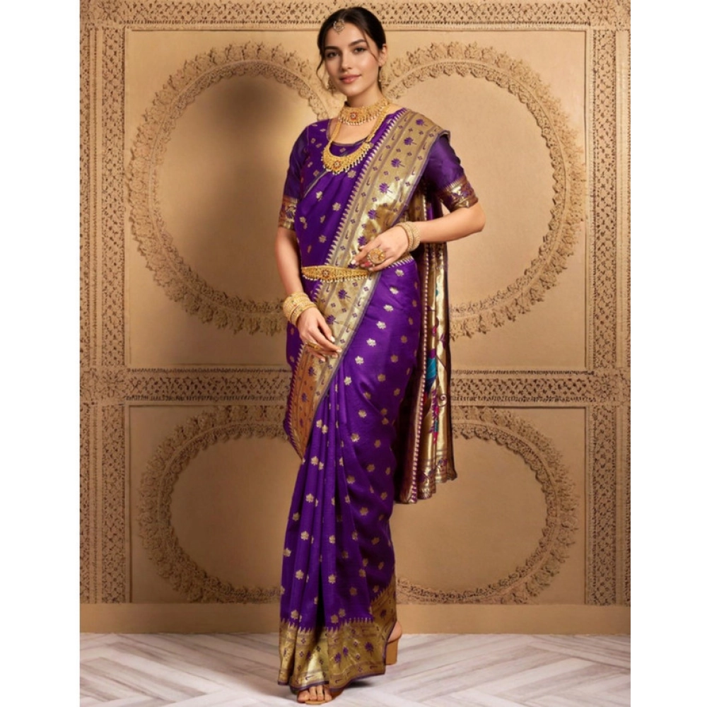 Generic Women's Silk Blend Woven Saree With Unstitched Blouse 5.5Mtr (Purple) - Image 4