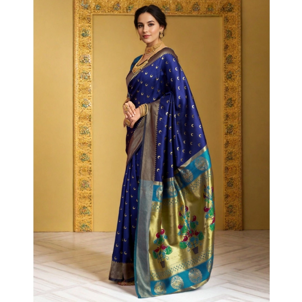 Generic Women's Silk Blend Zari Woven Saree With Unstitched Blouse 5.5Mtr (Navy) - Image 4