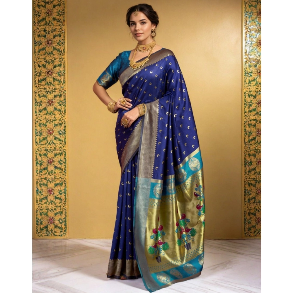 Generic Women's Silk Blend Zari Woven Saree With Unstitched Blouse 5.5Mtr (Navy) - Image 3