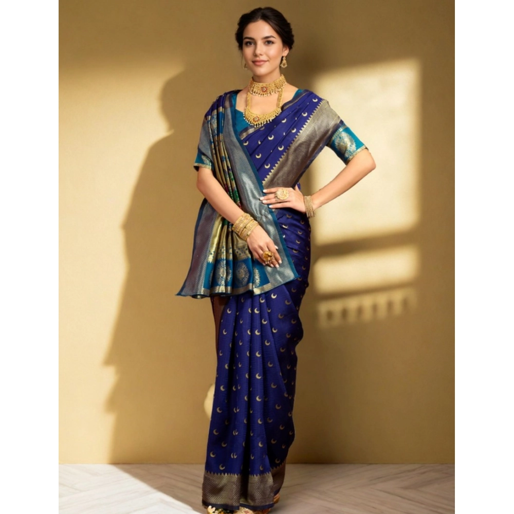 Generic Women's Silk Blend Zari Woven Saree With Unstitched Blouse 5.5Mtr (Navy) - Image 2