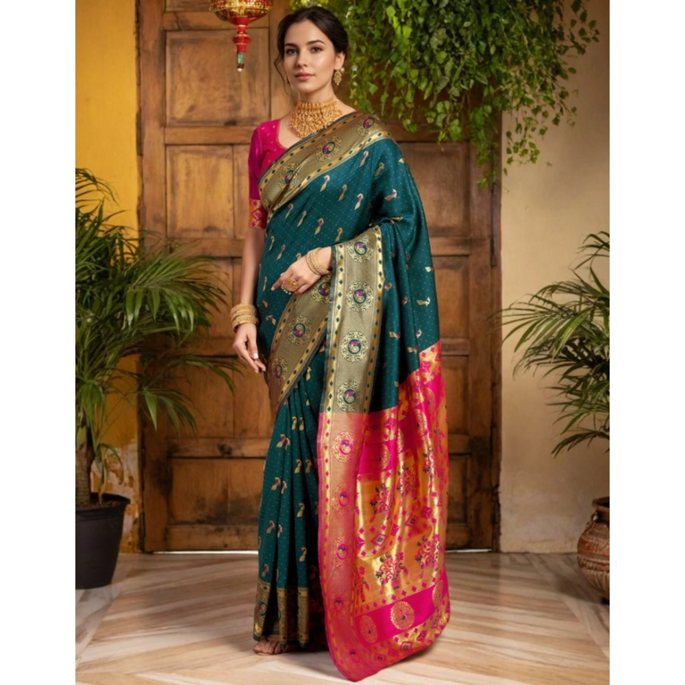 Generic Women's Silk Blend Zari Weaving Saree With Unstitched Blouse 5.5Mtr (Dark-Green) - Image 3