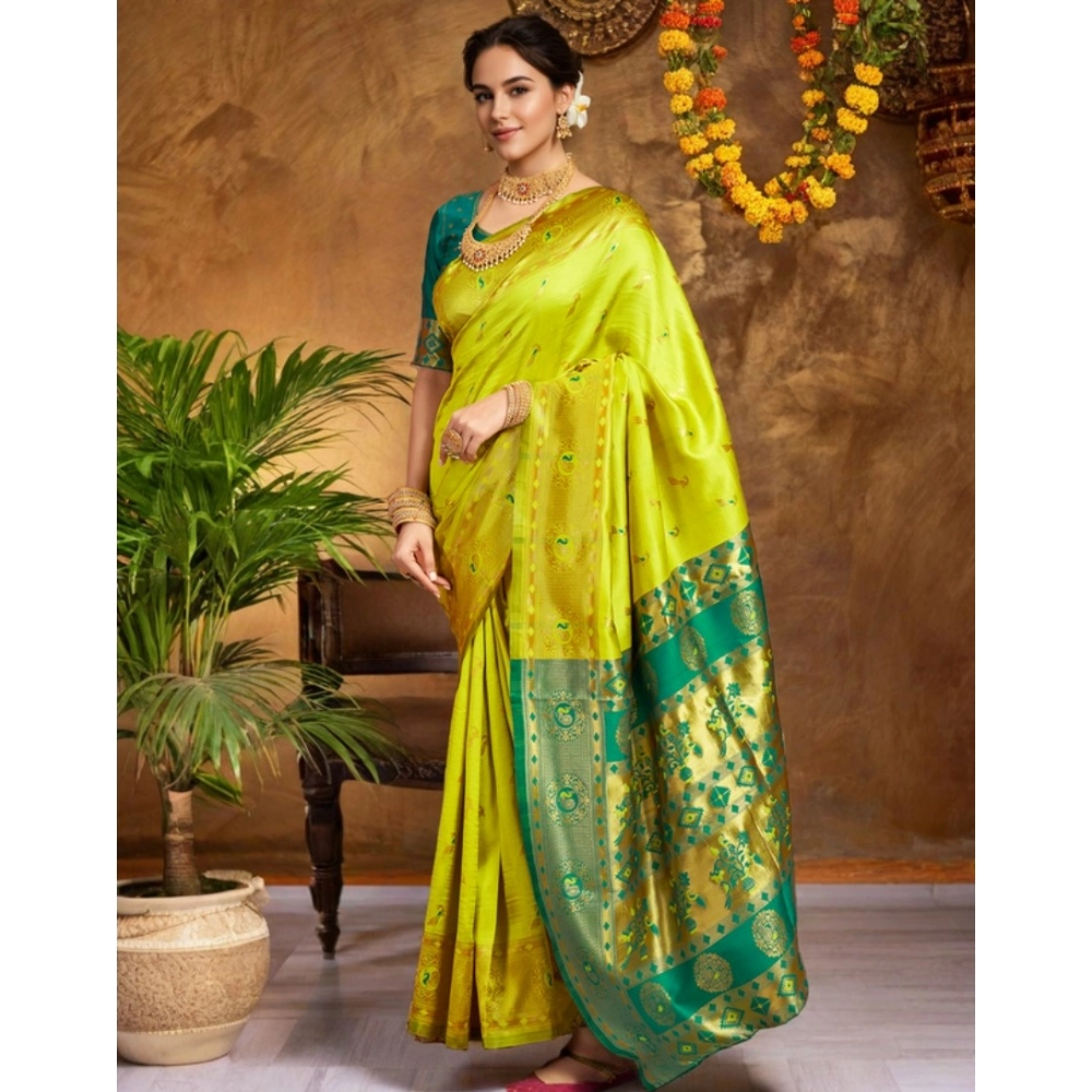 Generic Women's Silk Blend Zari Weaving Saree With Unstitched Blouse 5.5Mtr (Lime-Green) - Image 4