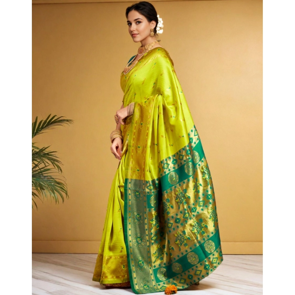 Generic Women's Silk Blend Zari Weaving Saree With Unstitched Blouse 5.5Mtr (Lime-Green) - Image 3