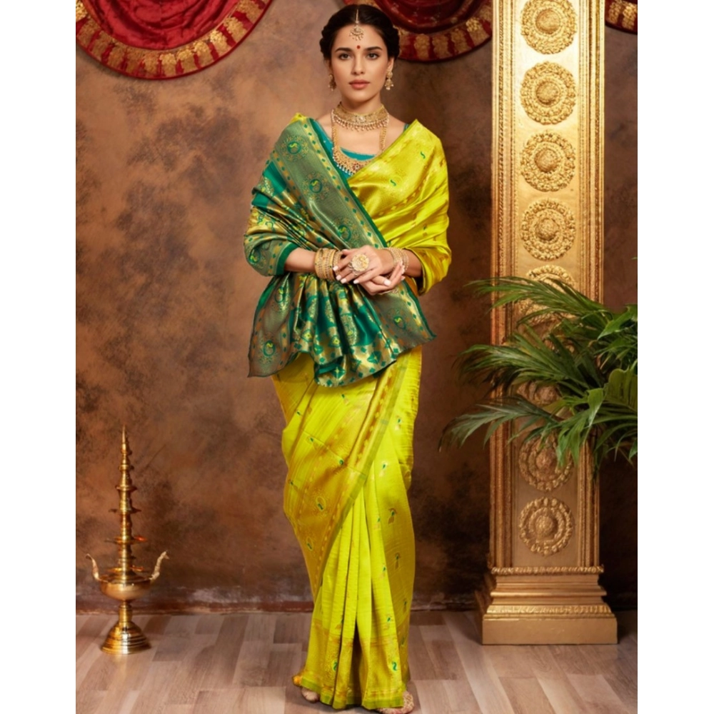 Generic Women's Silk Blend Zari Weaving Saree With Unstitched Blouse 5.5Mtr (Lime-Green) - Image 2