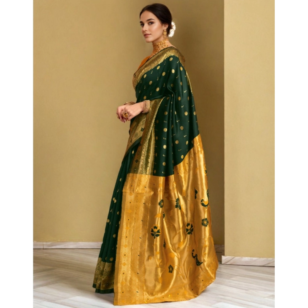 Generic Women's Silk Blend Zari Weaving Saree With Unstitched Blouse 5.5Mtr (Green) - Image 4