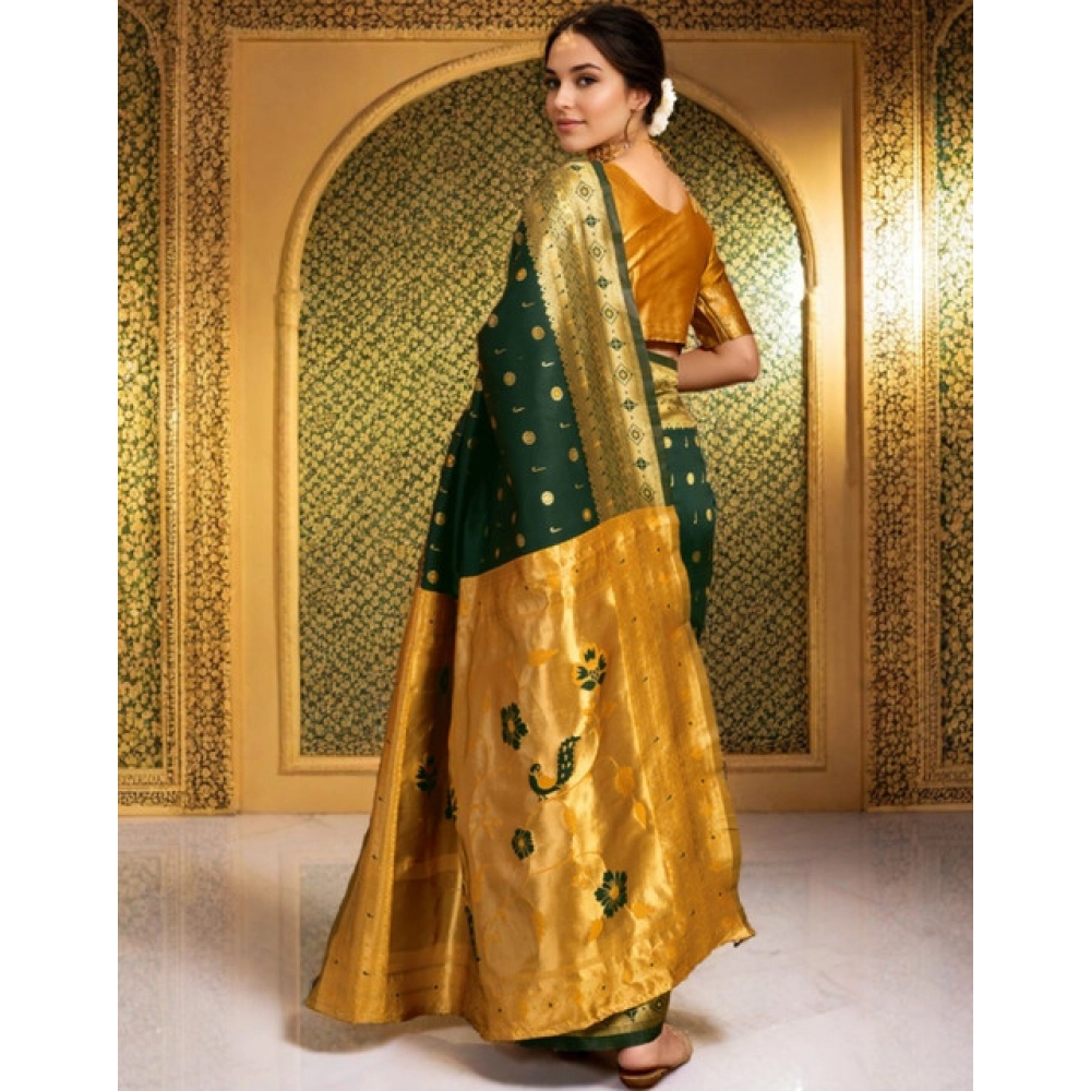 Generic Women's Silk Blend Zari Weaving Saree With Unstitched Blouse 5.5Mtr (Green) - Image 3