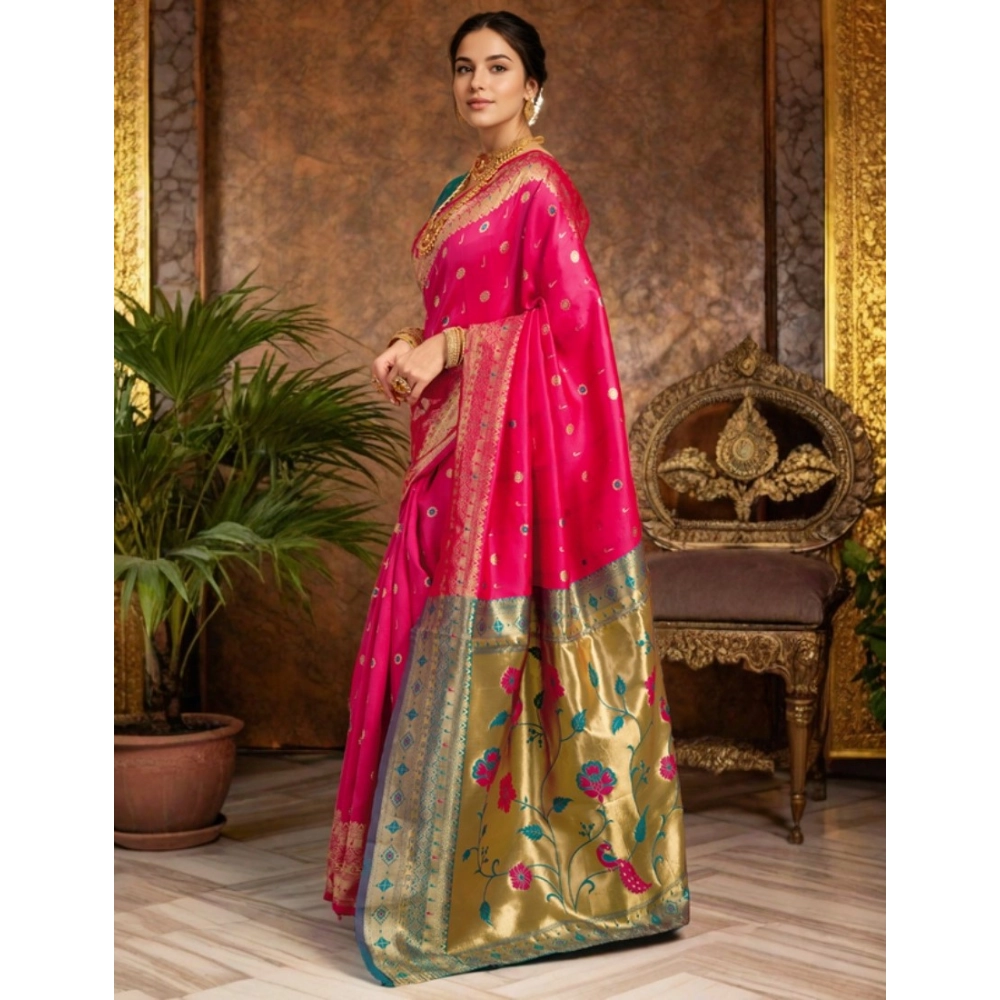 Generic Women's Silk Blend Zari Weaving Saree With Unstitched Blouse 5.5Mtr (Pink) - Image 4