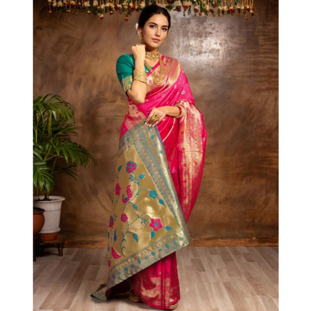 Generic Women's Silk Blend Zari Weaving Saree With Unstitched Blouse 5.5Mtr (Pink) - Image 3