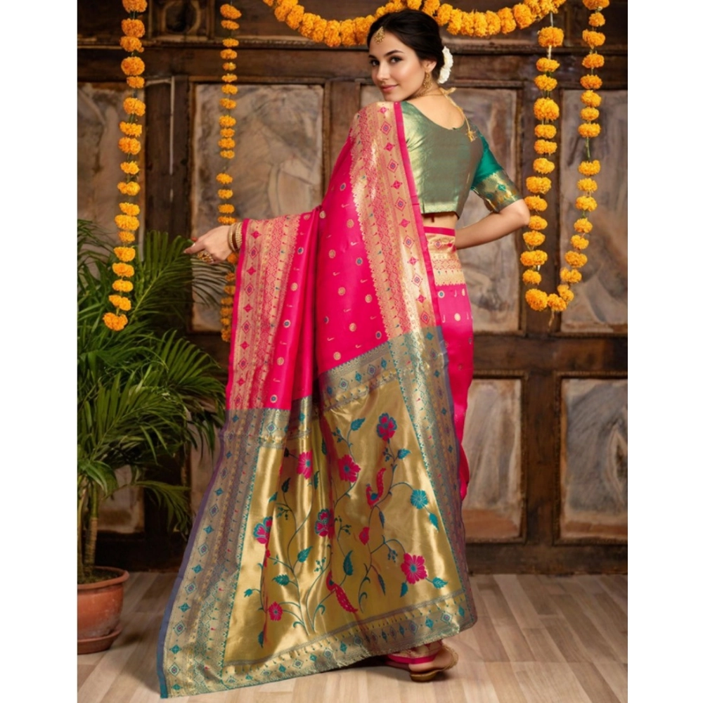 Generic Women's Silk Blend Zari Weaving Saree With Unstitched Blouse 5.5Mtr (Pink) - Image 2