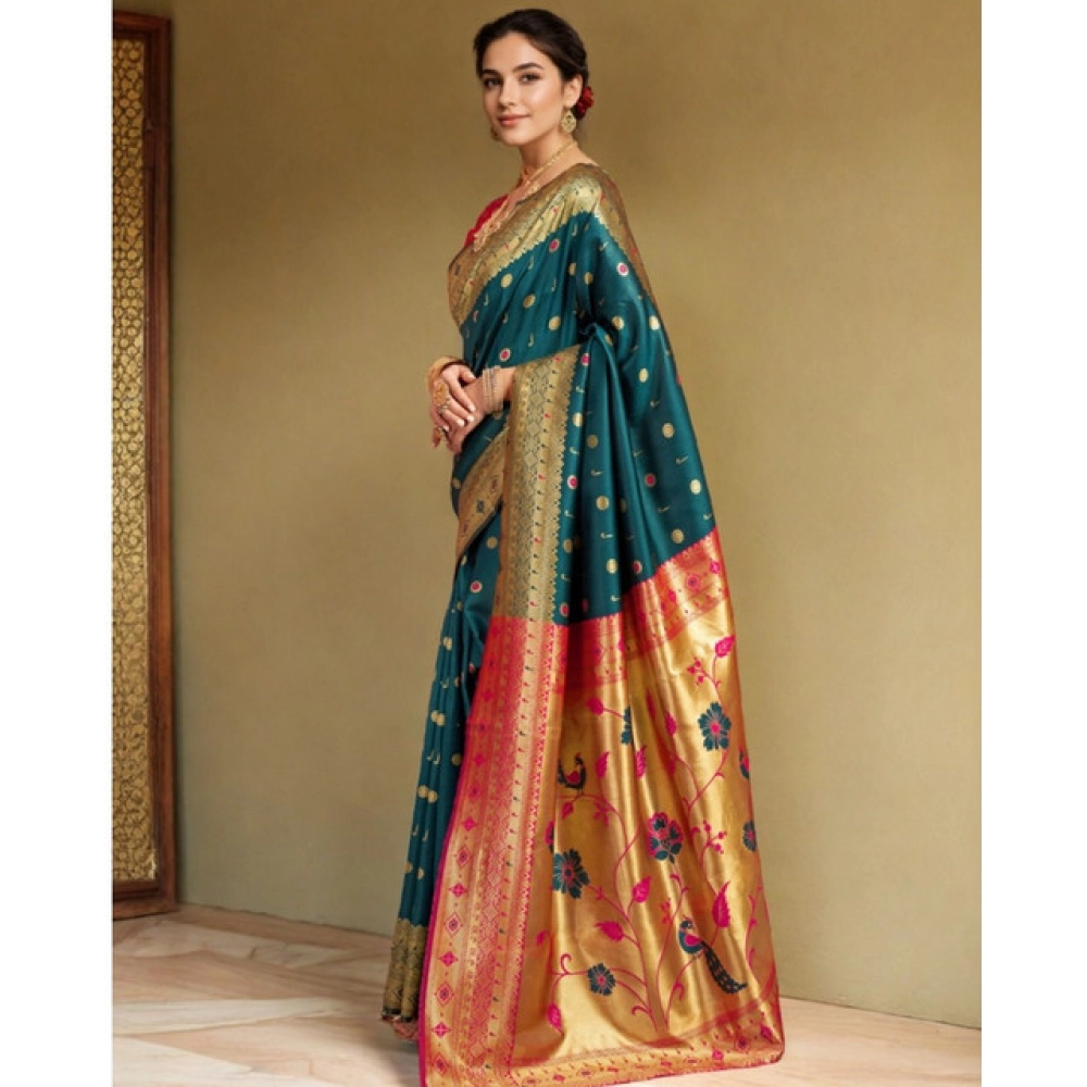 Generic Women's Silk Blend Zari Weaving Saree With Unstitched Blouse 5.5Mtr (Rama) - Image 4