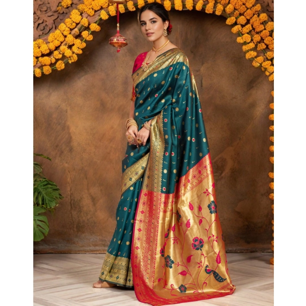 Generic Women's Silk Blend Zari Weaving Saree With Unstitched Blouse 5.5Mtr (Rama) - Image 2