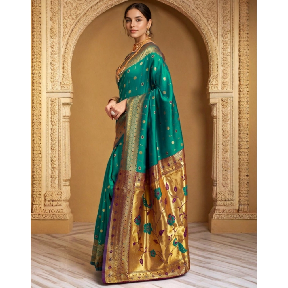 Generic Women's Silk Blend Zari Weaving Saree With Unstitched Blouse 5.5Mtr (Teal) - Image 4