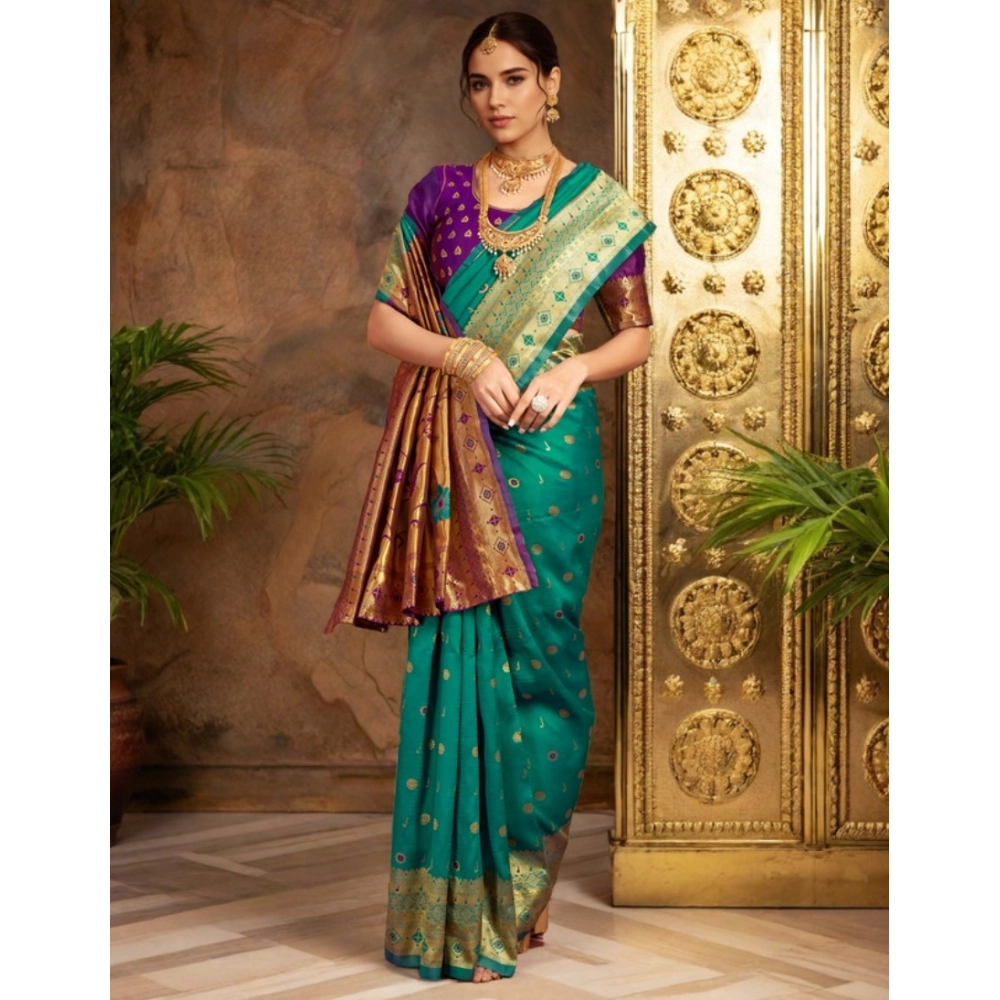 Generic Women's Silk Blend Zari Weaving Saree With Unstitched Blouse 5.5Mtr (Teal) - Image 2