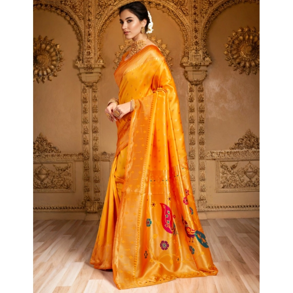 Generic Women's Silk Blend Zari Weaving Saree With Unstitched Blouse 5.5Mtr (Mustard) - Image 4