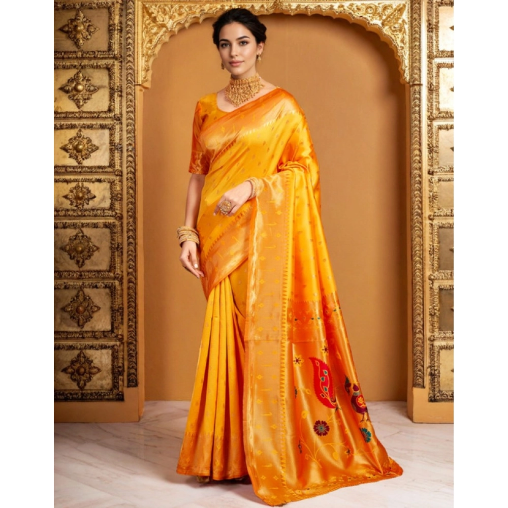 Generic Women's Silk Blend Zari Weaving Saree With Unstitched Blouse 5.5Mtr (Mustard) - Image 3