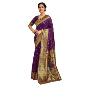 Generic Women's Silk Blend Zari Weaving Saree With Unstitched Blouse 5.5Mtr (Purple)