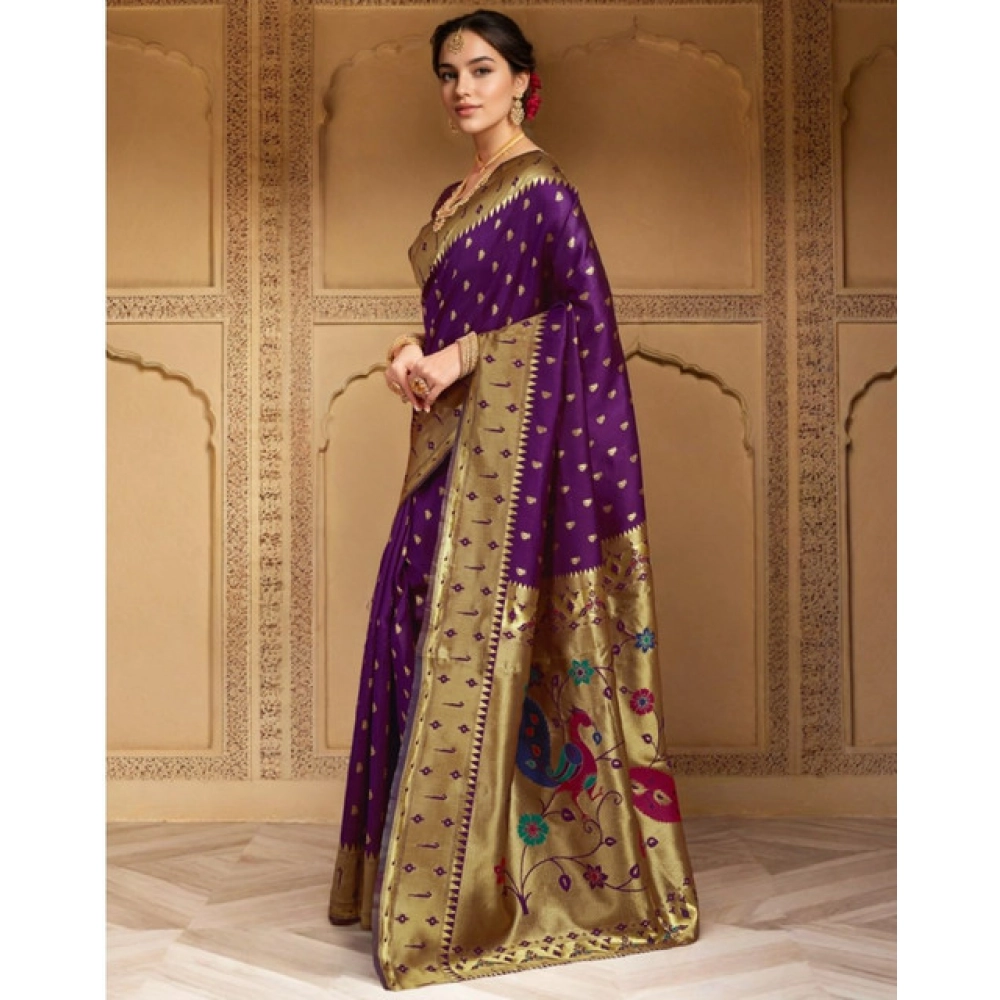 Generic Women's Silk Blend Zari Weaving Saree With Unstitched Blouse 5.5Mtr (Purple) - Image 4