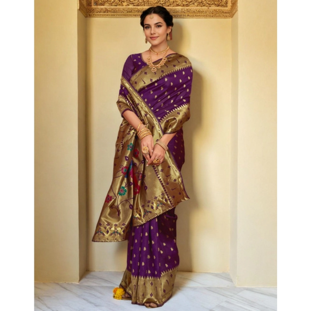 Generic Women's Silk Blend Zari Weaving Saree With Unstitched Blouse 5.5Mtr (Purple) - Image 2