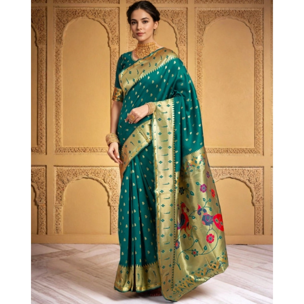 Generic Women's Silk Blend Zari Weaving Saree With Unstitched Blouse 5.5Mtr (Rama) - Image 3