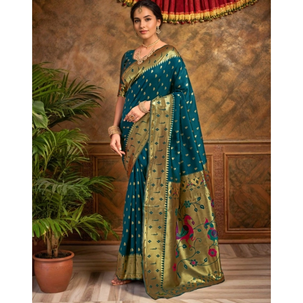 Generic Women's Silk Blend Zari Weaving Saree With Unstitched Blouse 5.5Mtr (Teal) - Image 3