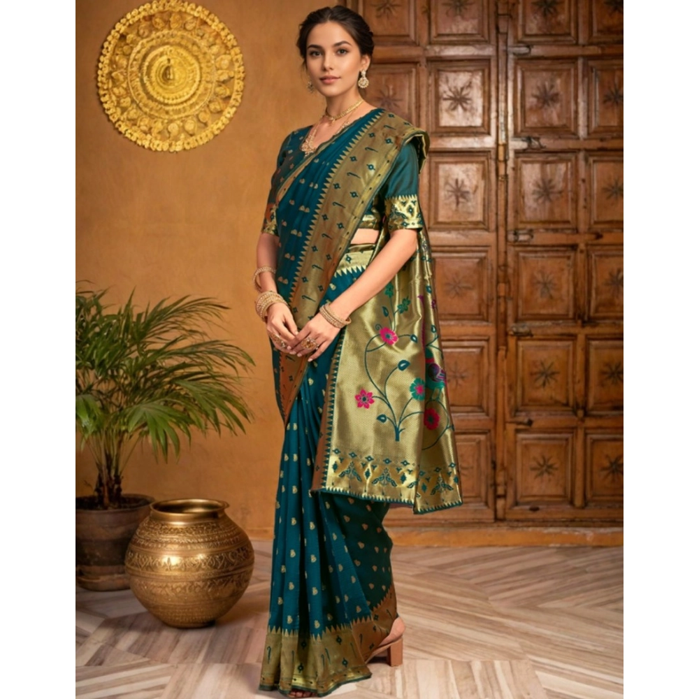 Generic Women's Silk Blend Zari Weaving Saree With Unstitched Blouse 5.5Mtr (Teal) - Image 2