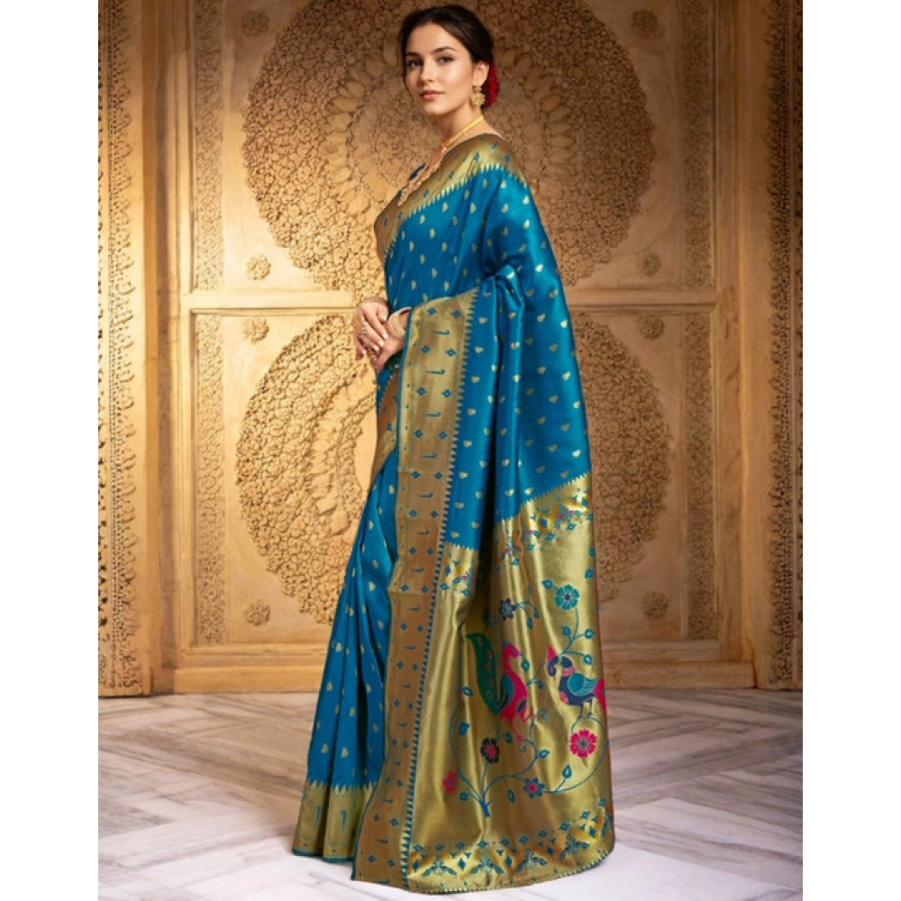 Generic Women's Silk Blend Zari Weaving Saree With Unstitched Blouse 5.5Mtr (Turquoise) - Image 4