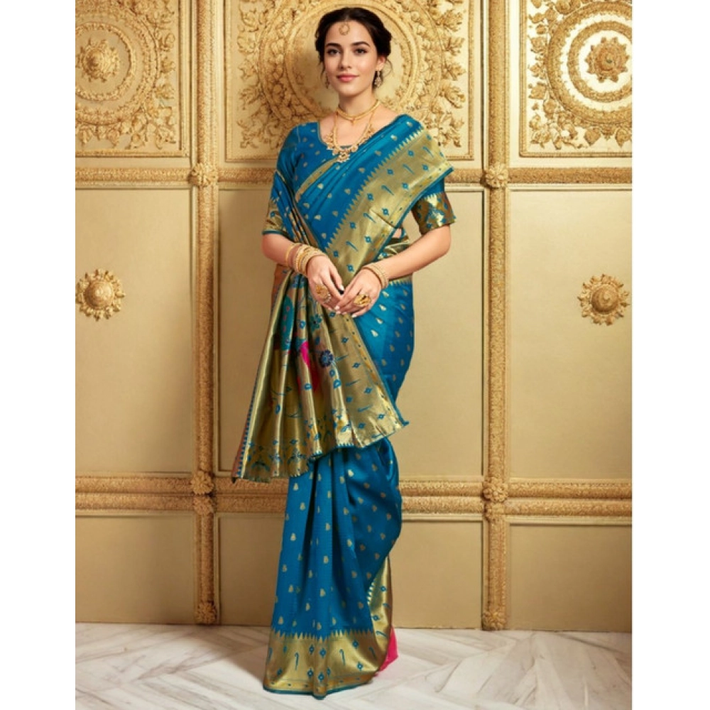 Generic Women's Silk Blend Zari Weaving Saree With Unstitched Blouse 5.5Mtr (Turquoise) - Image 2