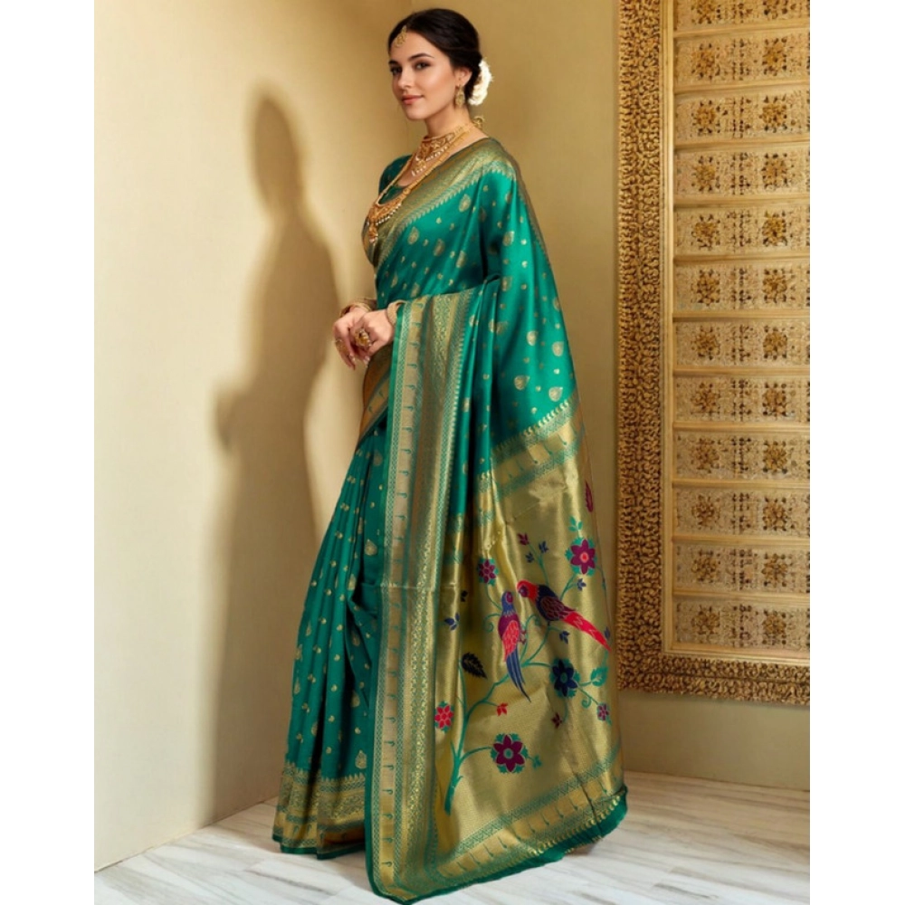 Generic Women's Silk Blend Zari Weaving Saree With Unstitched Blouse 5.5Mtr (Green) - Image 4