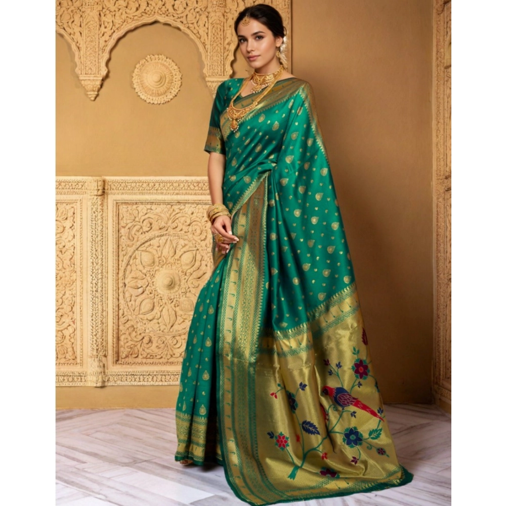 Generic Women's Silk Blend Zari Weaving Saree With Unstitched Blouse 5.5Mtr (Green) - Image 3