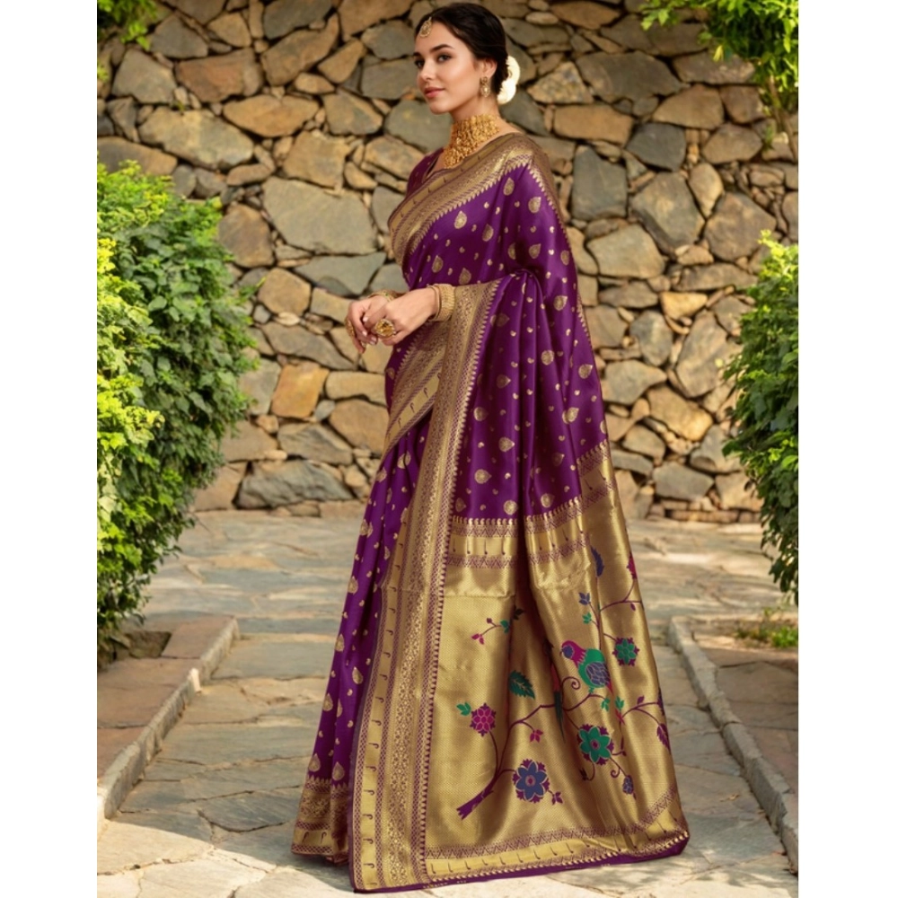 Generic Women's Silk Blend Zari Weaving Saree With Unstitched Blouse 5.5Mtr (Purple) - Image 4