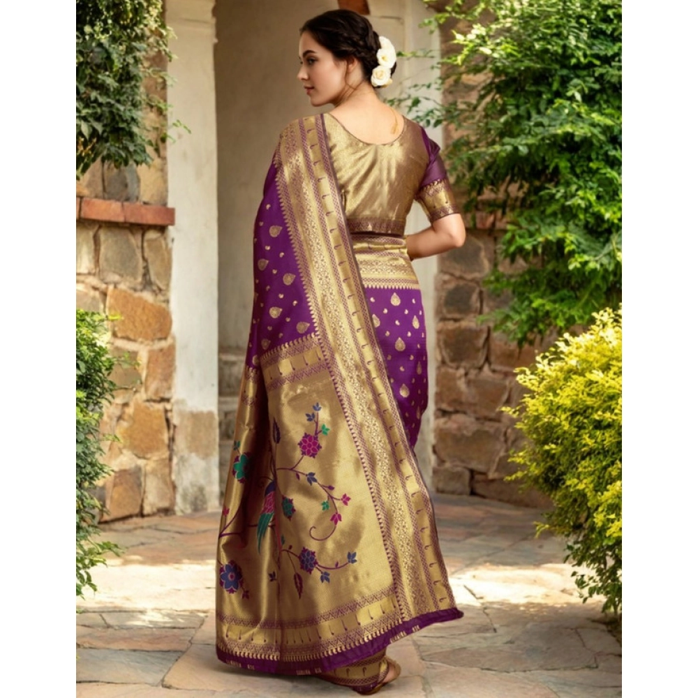 Generic Women's Silk Blend Zari Weaving Saree With Unstitched Blouse 5.5Mtr (Purple) - Image 3