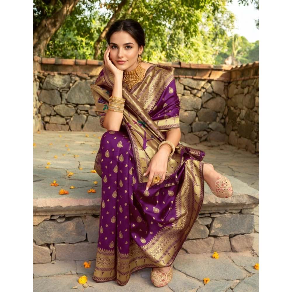 Generic Women's Silk Blend Zari Weaving Saree With Unstitched Blouse 5.5Mtr (Purple) - Image 2