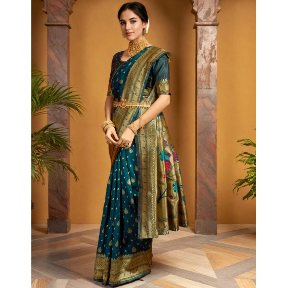 Generic Women's Silk Blend Zari Weaving Saree With Unstitched Blouse 5.5Mtr (Teal) - Image 3
