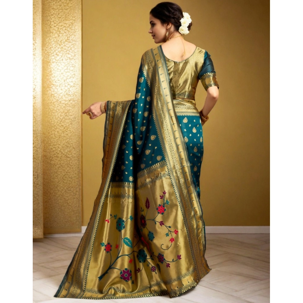 Generic Women's Silk Blend Zari Weaving Saree With Unstitched Blouse 5.5Mtr (Teal) - Image 2
