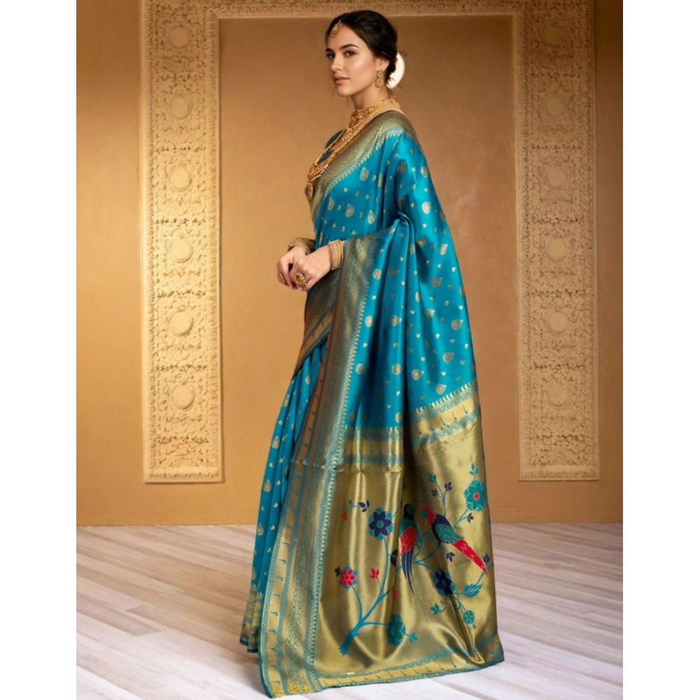 Generic Women's Silk Blend Zari Weaving Saree With Unstitched Blouse 5.5Mtr (Turquoise) - Image 4