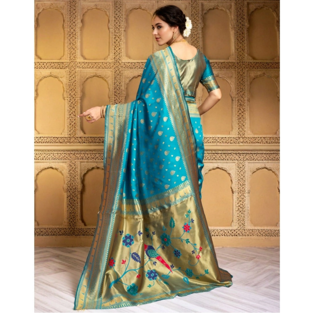 Generic Women's Silk Blend Zari Weaving Saree With Unstitched Blouse 5.5Mtr (Turquoise) - Image 2