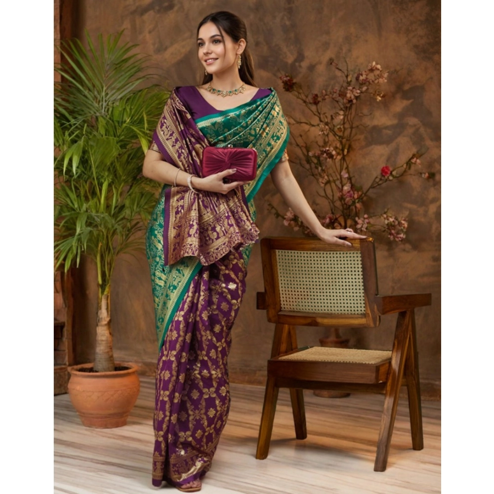 Generic Women's Silk Blend Zari Weaving Saree With Unstitched Blouse 5.5Mtr (Light Green) - Image 3