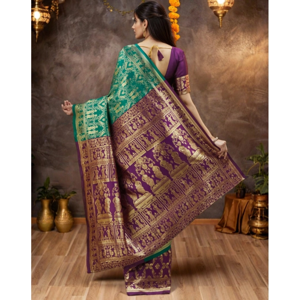 Generic Women's Silk Blend Zari Weaving Saree With Unstitched Blouse 5.5Mtr (Light Green) - Image 2