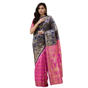 Generic Women's Silk Blend Zari Weaving Saree With Unstitched Blouse 5.5Mtr (Navy)
